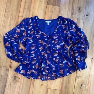Nine West Blue and Brown Floral‎ Blouse size M